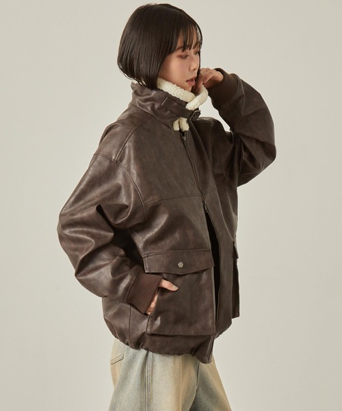 Snap club】2WAYヴィンテージライク襟ボア切り替えフライトブルゾン