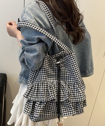 Mejoul（メジュール）の「【25年秋冬新作】ギンガムチェックフリル巾着トートバッグ/A4サイズ対応（トートバッグ）」