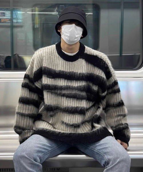 セール】【NOWLE】グランジ シャギー ブラシストロークボーダー プル