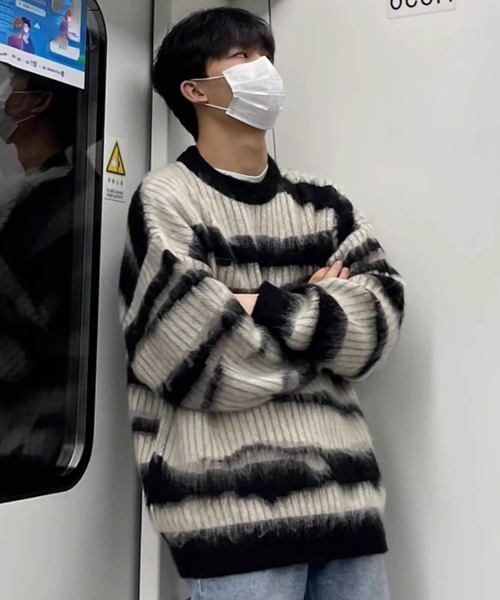 JO1DER SHOW ニット L セール】【NOWLE】グランジ シャギー ブラシストロークボーダー プル