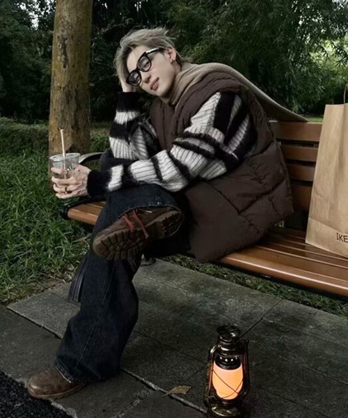 NOWLE（ノウル）の「【NOWLE】グランジ シャギー ブラシストロークボーダー プルオーバー ニット（ニット/セーター・メンズ・ブラック・MEDIUM/LARGE/X-LARGE）」の17枚目の写真