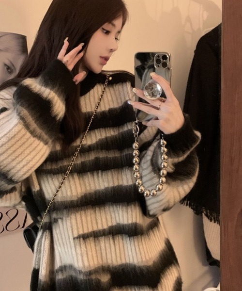 セール】【NOWLE】グランジ シャギー ブラシストロークボーダー プル