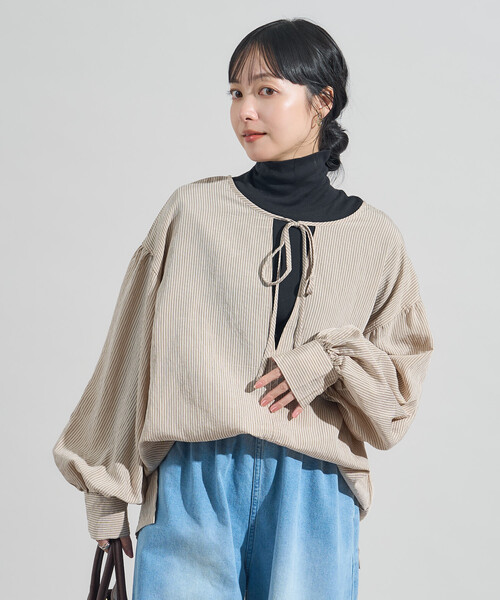 FREAK'S STORE(フリークスストア)の「2way ストライプ リボン ブラウス/バックリボンブラウス(シャツ/ブラウス・レディース・チャコールグレー/オフホワイト/ベージュ・フリ-)」の6枚目の写真