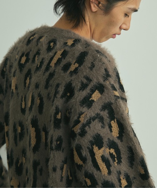 セール】Fuzzy Leopard Crewneck Knit Cardigan / シャギーレオパード