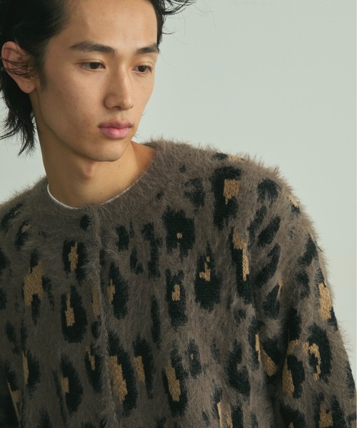 セール】Fuzzy Leopard Crewneck Knit Cardigan / シャギーレオパード