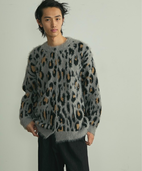 セール】Fuzzy Leopard Crewneck Knit Cardigan / シャギーレオパード