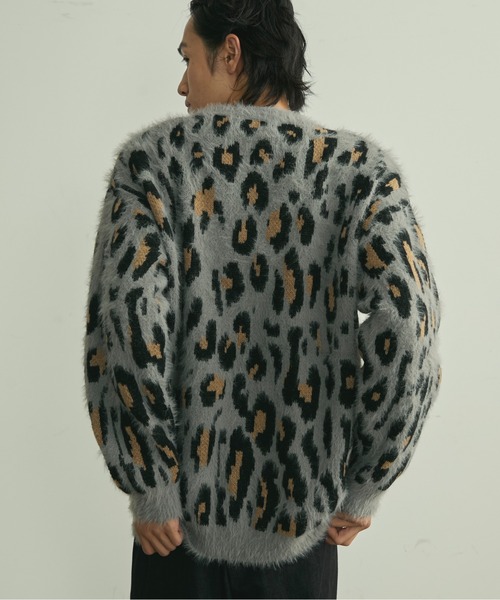 セール】Fuzzy Leopard Crewneck Knit Cardigan / シャギーレオパード