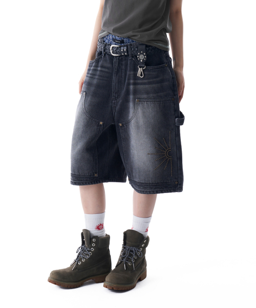 Washed Double Knee Bermuda Denim Pants (Black)（その他パンツ