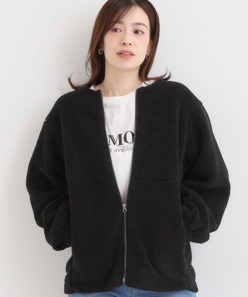 SHOO・LA・RUE（シューラルー）の「【洗濯機可】即サマになる ノーカラー ボアブルゾン（ブルゾン・レディース・ブラック/ホワイト/ライトグレー/ブラウン系・04/03/02/01）」の2枚目の写真