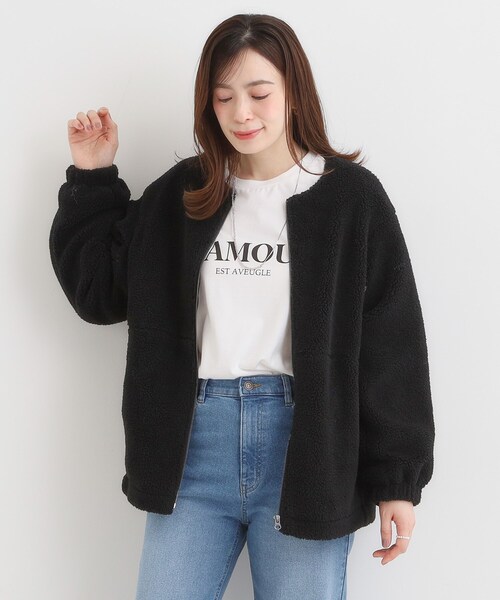 SHOO・LA・RUE（シューラルー）の「【洗濯機可】即サマになる ノーカラー ボアブルゾン（ブルゾン・レディース・ブラック/ホワイト/ライトグレー/ブラウン系・04/03/02/01）」の5枚目の写真