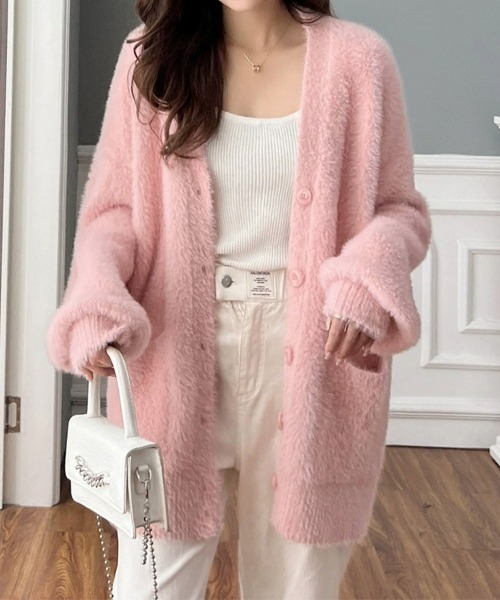 Miniministore（ミニミニストア）の「シャギーニットカーディガンVネック秋冬服（カーディガン/ボレロ・レディース・ブラック/ライトブルー/アイボリー/ダークグレー/ピンク・FREE）」の5枚目の写真