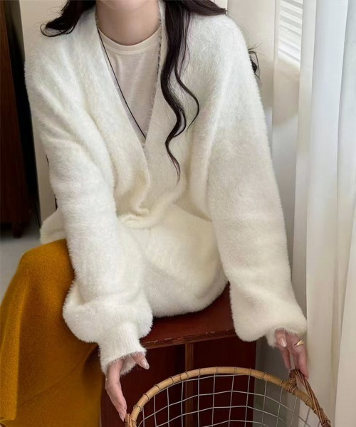 Miniministore（ミニミニストア）の「シャギーニットカーディガンVネック秋冬服（カーディガン/ボレロ・レディース・ブラック/ライトブルー/アイボリー/ダークグレー/ピンク・FREE）」の2枚目の写真