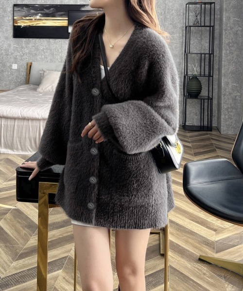 セール】シャギーニットカーディガンVネック秋冬服（カーディガン