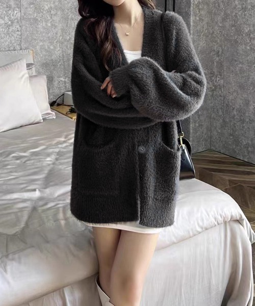 Miniministore（ミニミニストア）の「シャギーニットカーディガンVネック秋冬服（カーディガン/ボレロ・レディース・ブラック/ライトブルー/アイボリー/ダークグレー/ピンク・FREE）」の6枚目の写真