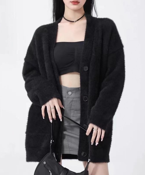 Miniministore（ミニミニストア）の「シャギーニットカーディガンVネック秋冬服（カーディガン/ボレロ・レディース・ブラック/ライトブルー/アイボリー/ダークグレー/ピンク・FREE）」の10枚目の写真