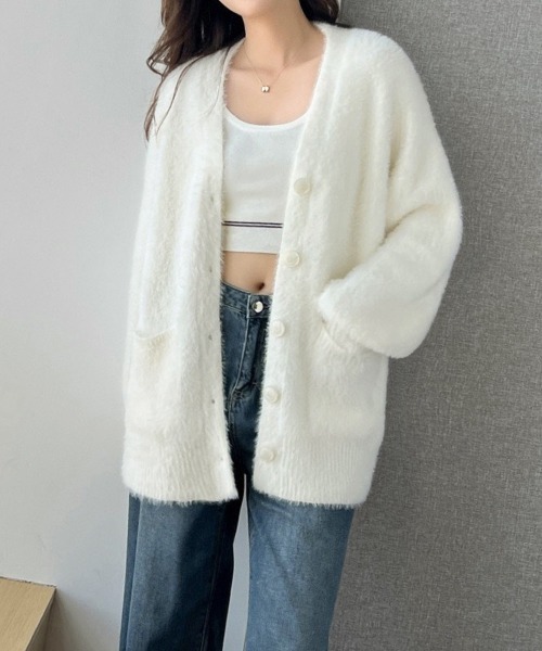 セール】シャギーニットカーディガンVネック秋冬服（カーディガン