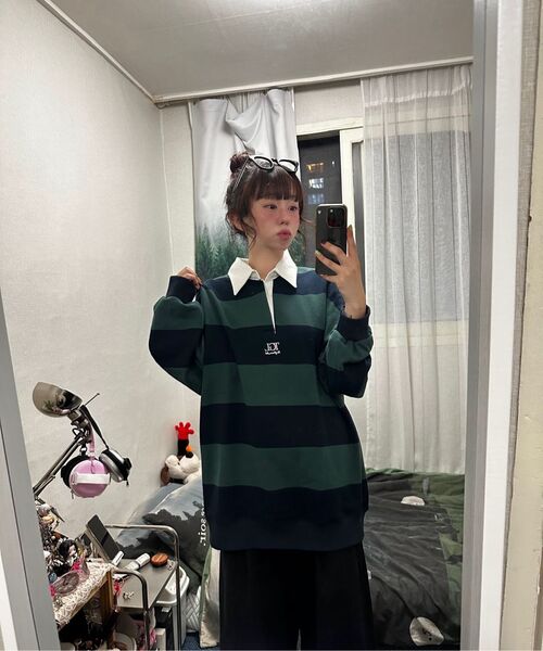 THE GREEN LAB（ザグリーンラボ）の「ストライプラグビー襟スウェット [クロップフィット, メランジレッド]（スウェット・レディース・その他・SMALL）」の5枚目の写真