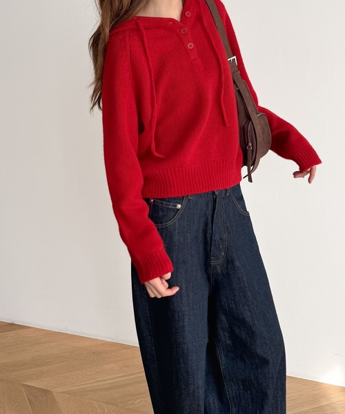 CANAL JEAN(キャナルジーン)の「El mar ウールヘンリーパーカーニット(ニット/セーター・レディース・レッド/ブラウン/グレー・ONE SIZE)」の7枚目の写真