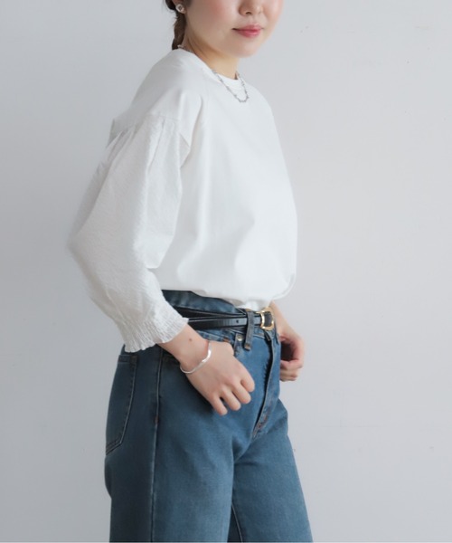 NOMBRE IMPAIR(ノンブルアンペール)の「グリットクロスコンビ 袖口シャーリングP/O(Tシャツ/カットソー・レディース・ホワイト/ブラック・FREE)」の1枚目の写真