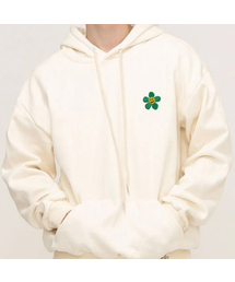 [UNISEX]グリーンフラワースマイル刺繍フードティー_クリーム