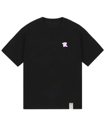 [ユニセックス]スモールピンクペインティングベアスマイル半袖Tシャツ_ブラック