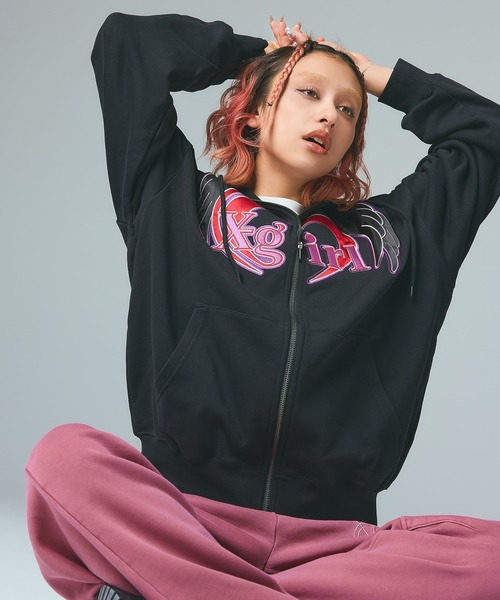 X-girl（エックスガール）の「PIGMENT DYED FACE AND LOGO SQUARE PATCH SWEATPANTS（スウェットパンツ・レディース・ブラック/オリーブ/ピンク・S/M）」の5枚目の写真