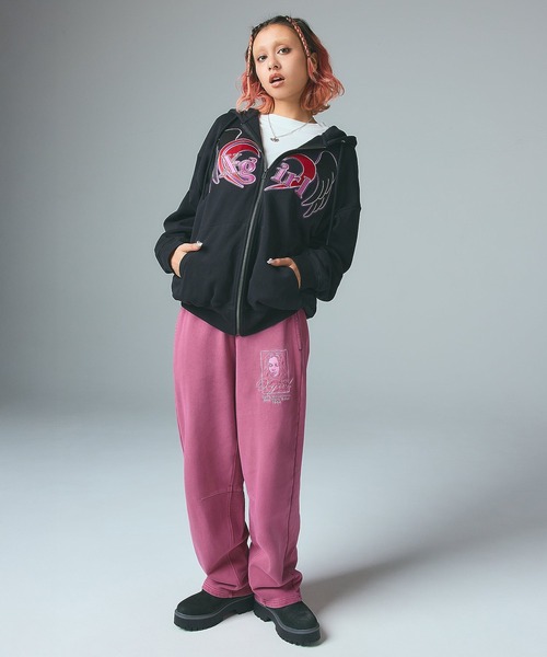X-girl（エックスガール）の「PIGMENT DYED FACE AND LOGO SQUARE PATCH SWEATPANTS（スウェットパンツ・レディース・ブラック/オリーブ/ピンク・S/M）」の7枚目の写真