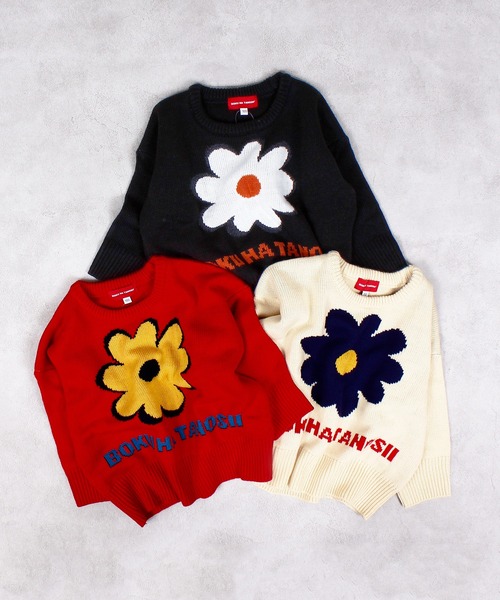 MARKEY'S（マーキーズ）の「【BOKU HA TANOSII】別注フラワーニット（ニット/セーター・キッズ・ブラック/オフホワイト/レッド・100/110/120/130/140/150）」の4枚目の写真