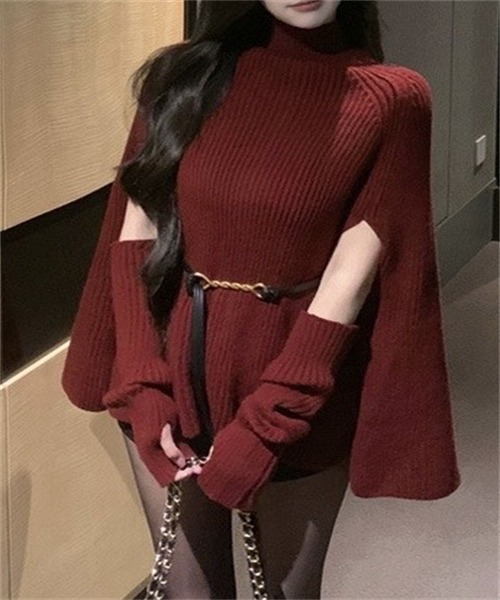 FREE STYLISTS（フリー スタイリスト）の「ニットケープポンチョ　ドルマンスリーブ ハンドウォーマー ベルト付き 3点 セット（ニット/セーター・レディース・ブラック/オフホワイト/レッド/モカ・FREE）」の4枚目の写真