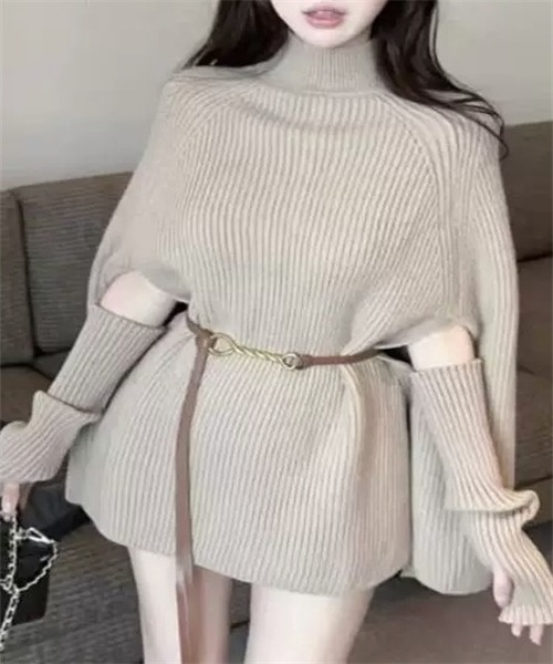 FREE STYLISTS（フリー スタイリスト）の「ニットケープポンチョ　ドルマンスリーブ ハンドウォーマー ベルト付き 3点 セット（ニット/セーター・レディース・ブラック/オフホワイト/レッド/モカ・FREE）」の3枚目の写真