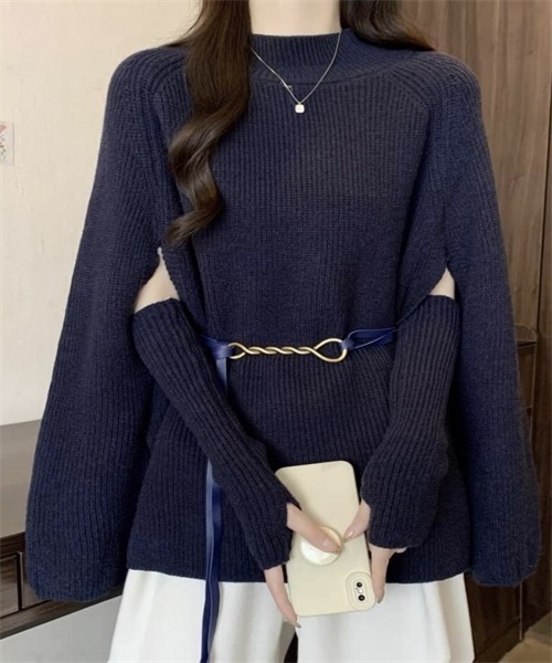 FREE STYLISTS（フリー スタイリスト）の「ニットケープポンチョ　ドルマンスリーブ ハンドウォーマー ベルト付き 3点 セット（ニット/セーター・レディース・ブラック/オフホワイト/レッド/モカ・FREE）」の17枚目の写真