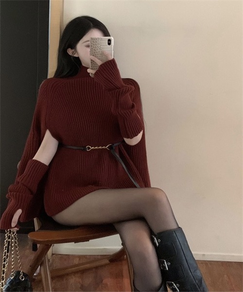 FREE STYLISTS（フリー スタイリスト）の「ニットケープポンチョ　ドルマンスリーブ ハンドウォーマー ベルト付き 3点 セット（ニット/セーター・レディース・ブラック/オフホワイト/レッド/モカ・FREE）」の19枚目の写真
