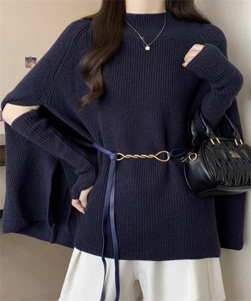 FREE STYLISTS（フリー スタイリスト）の「ニットケープポンチョ　ドルマンスリーブ ハンドウォーマー ベルト付き 3点 セット（ニット/セーター・レディース・ブラック/オフホワイト/レッド/モカ・FREE）」の15枚目の写真