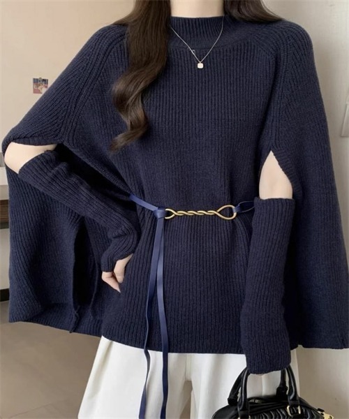 FREE STYLISTS（フリー スタイリスト）の「ニットケープポンチョ　ドルマンスリーブ ハンドウォーマー ベルト付き 3点 セット（ニット/セーター・レディース・ブラック/オフホワイト/レッド/モカ・FREE）」の14枚目の写真