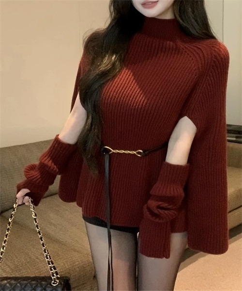 FREE STYLISTS（フリー スタイリスト）の「ニットケープポンチョ　ドルマンスリーブ ハンドウォーマー ベルト付き 3点 セット（ニット/セーター・レディース・ブラック/オフホワイト/レッド/モカ・FREE）」の20枚目の写真