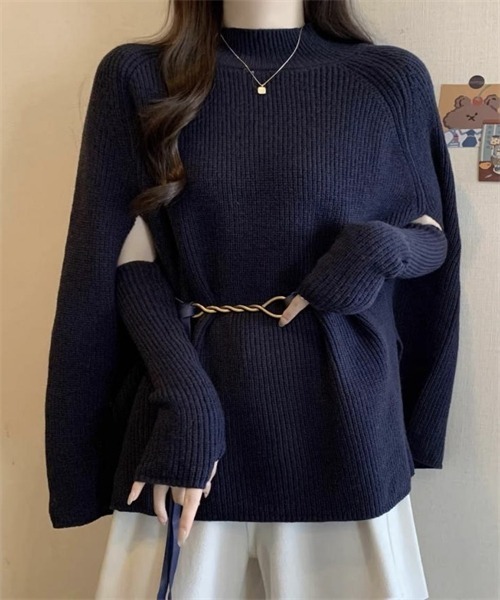 FREE STYLISTS（フリー スタイリスト）の「ニットケープポンチョ　ドルマンスリーブ ハンドウォーマー ベルト付き 3点 セット（ニット/セーター・レディース・ブラック/オフホワイト/レッド/モカ・FREE）」の11枚目の写真