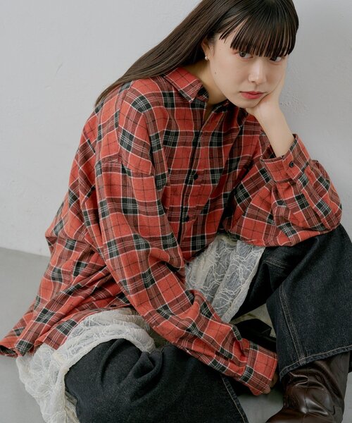 WHIMSIC（ウィムジック）の「【UNISEX】アシッドウォッシュフランネルチェックシャツ（シャツ/ブラウス・レディース・ブラック/グリーン/レッド/ブラウン・FREE）」の4枚目の写真
