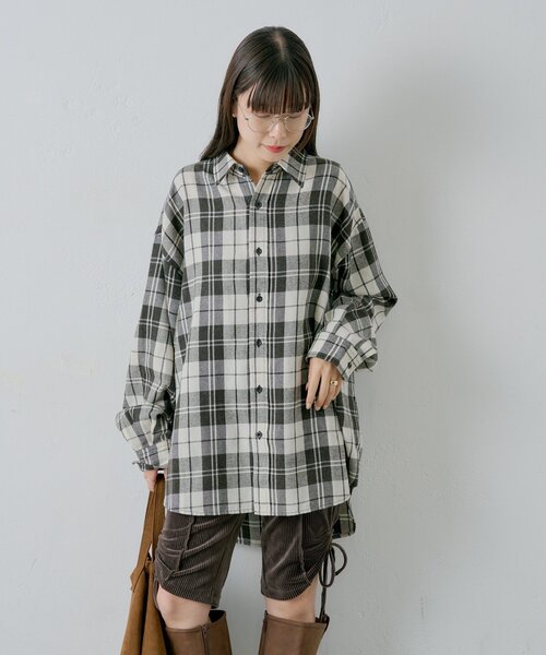 WHIMSIC（ウィムジック）の「【UNISEX】アシッドウォッシュフランネルチェックシャツ（シャツ/ブラウス・レディース・ブラック/グリーン/レッド/ブラウン・FREE）」の5枚目の写真