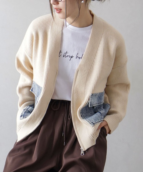 セール】デニムポケットジップVネックニットカーディガン