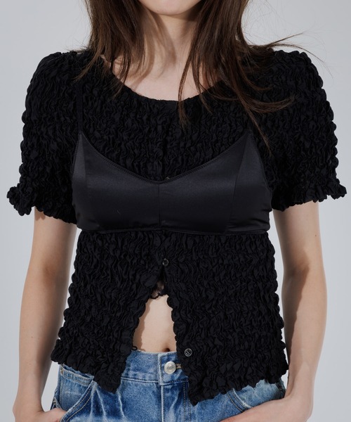 SENEE（セニー）の「2way puff shirring cardigan（2ウェイパフ