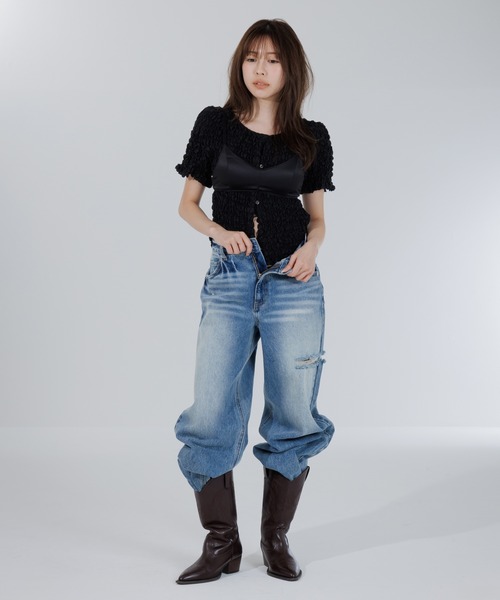 SENEE（セニー）の「2way puff shirring cardigan（2ウェイパフ