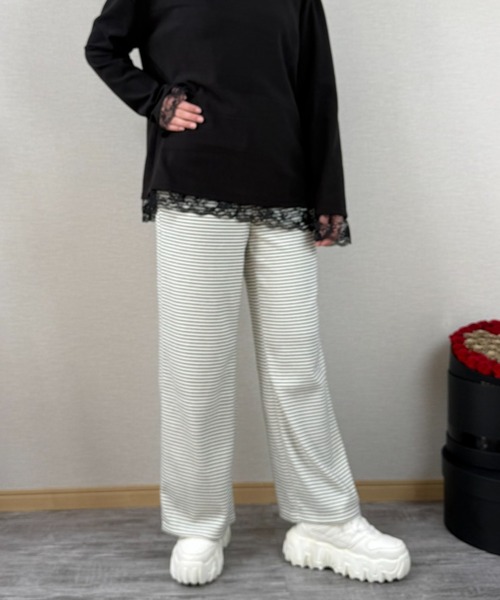 gossip!ロサンゼルス(ゴシップロサンゼルス)の「ストライプパターン ワイドレッグドロストパンツ(スウェットパンツ・レディース・ライトグレー/オフホワイト/ブラック・S/M/L)」の2枚目の写真
