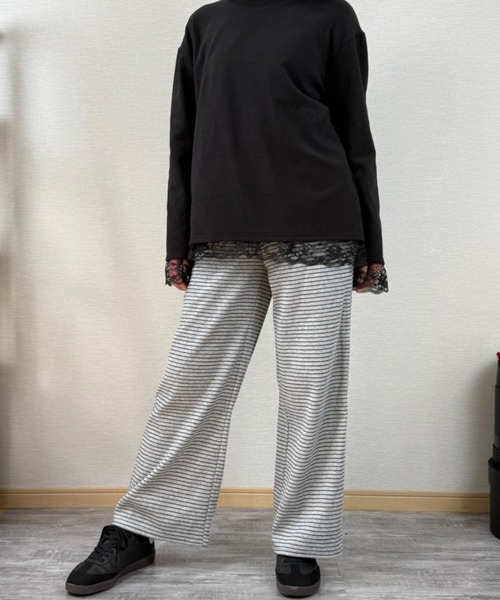 gossip!ロサンゼルス(ゴシップロサンゼルス)の「ストライプパターン ワイドレッグドロストパンツ(スウェットパンツ・レディース・ライトグレー/オフホワイト/ブラック・S/M/L)」の1枚目の写真