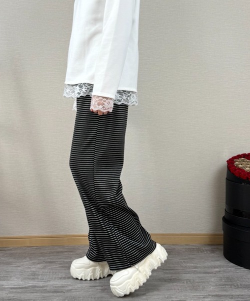 gossip!ロサンゼルス(ゴシップロサンゼルス)の「ストライプパターン ワイドレッグドロストパンツ(スウェットパンツ・レディース・ライトグレー/オフホワイト/ブラック・S/M/L)」の14枚目の写真
