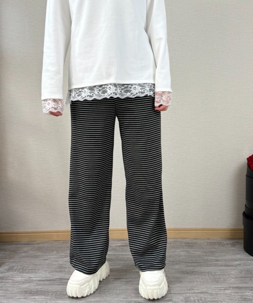 gossip!ロサンゼルス(ゴシップロサンゼルス)の「ストライプパターン ワイドレッグドロストパンツ(スウェットパンツ・レディース・ライトグレー/オフホワイト/ブラック・S/M/L)」の15枚目の写真
