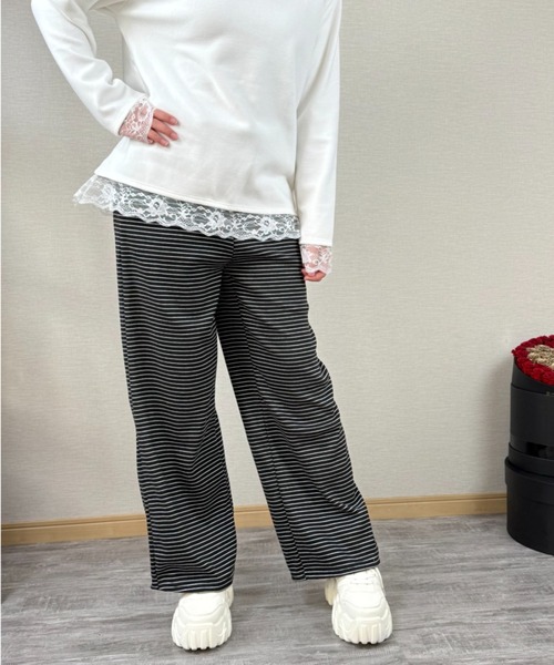 gossip!ロサンゼルス(ゴシップロサンゼルス)の「ストライプパターン ワイドレッグドロストパンツ(スウェットパンツ・レディース・ライトグレー/オフホワイト/ブラック・S/M/L)」の16枚目の写真