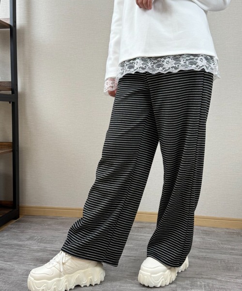 gossip!ロサンゼルス(ゴシップロサンゼルス)の「ストライプパターン ワイドレッグドロストパンツ(スウェットパンツ・レディース・ライトグレー/オフホワイト/ブラック・S/M/L)」の20枚目の写真