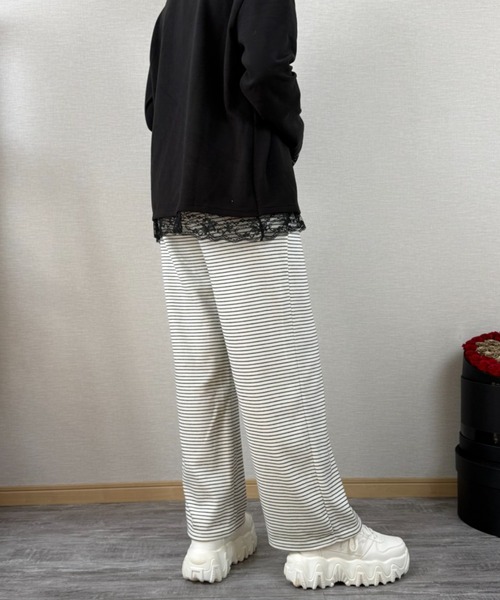 gossip!ロサンゼルス(ゴシップロサンゼルス)の「ストライプパターン ワイドレッグドロストパンツ(スウェットパンツ・レディース・ライトグレー/オフホワイト/ブラック・S/M/L)」の13枚目の写真