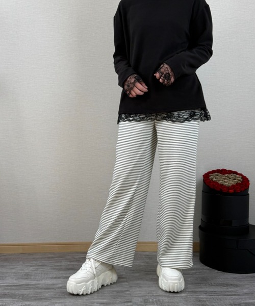 gossip!ロサンゼルス(ゴシップロサンゼルス)の「ストライプパターン ワイドレッグドロストパンツ(スウェットパンツ・レディース・ライトグレー/オフホワイト/ブラック・S/M/L)」の12枚目の写真