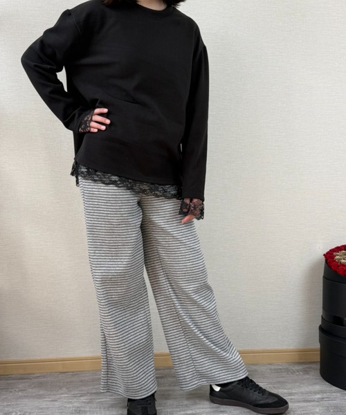 gossip!ロサンゼルス(ゴシップロサンゼルス)の「ストライプパターン ワイドレッグドロストパンツ(スウェットパンツ・レディース・ライトグレー/オフホワイト/ブラック・S/M/L)」の9枚目の写真